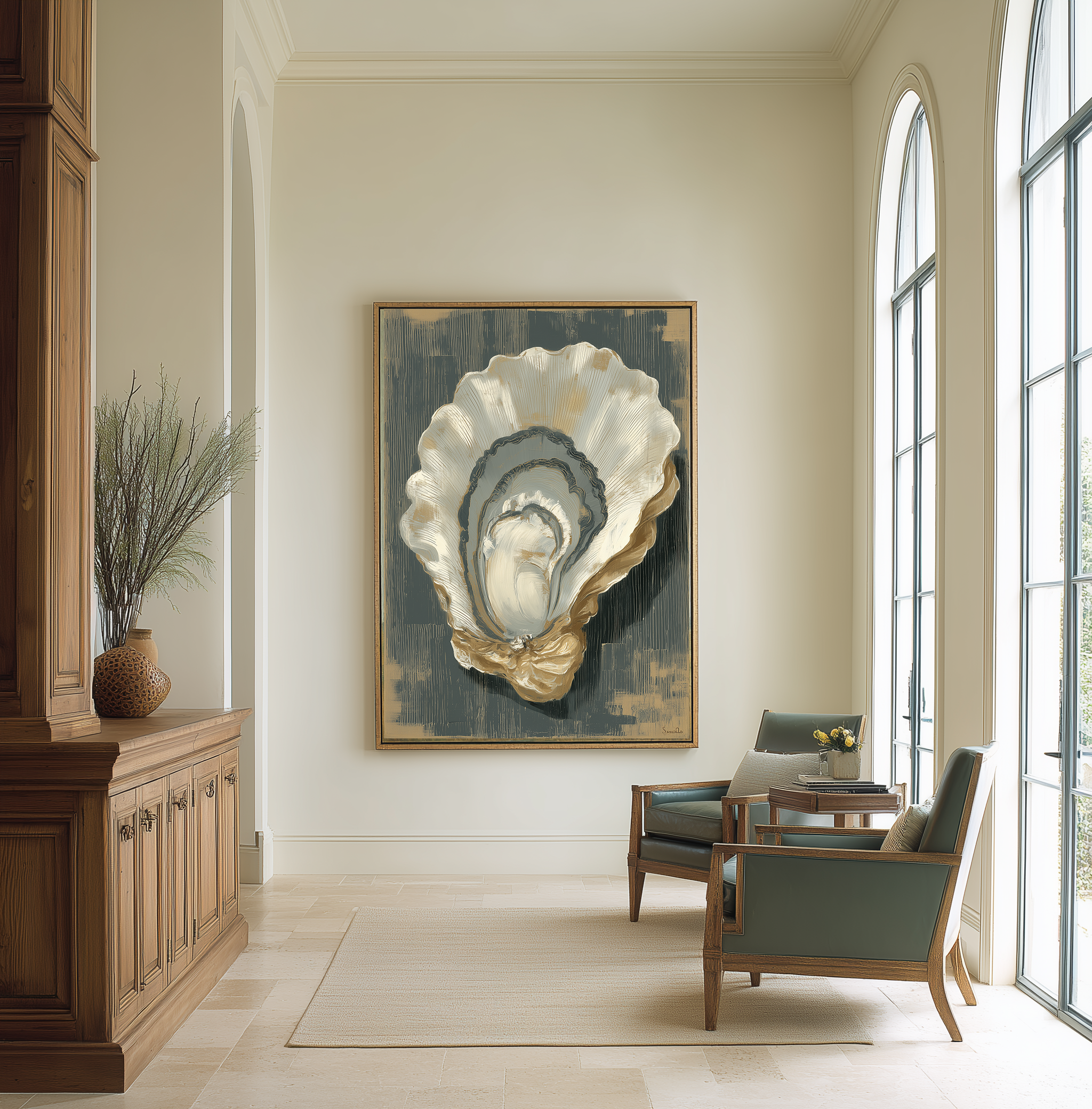 Living room with large oyster shell painting on the wall