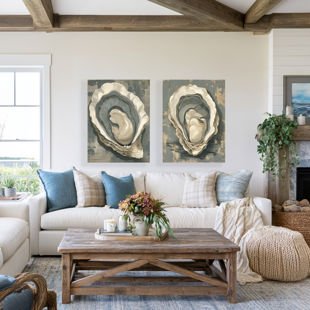 Living room with a white sofa, wooden coffee table, and oyster shell art on the wall.
