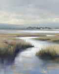 Painting of a marsh landscape with water, grasses, and distant trees under a cloudy sky.