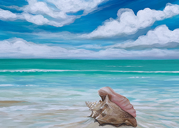 Shoreline Reverie – dreamy shell and seascape fine art print by Paula Freeman, soft coastal tones