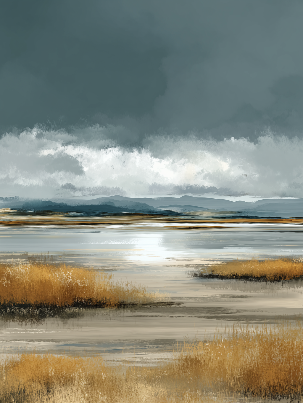 Wetland scene with reeds and water, under a dark sky with clouds.