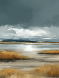 Wetland scene with reeds and water, under a dark sky with clouds.