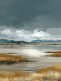 Landscape with a lake, reeds, and mountains under a cloudy sky.
