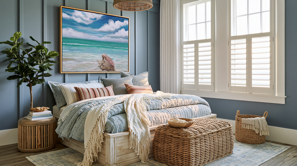 Shoreline Reverie interior mockup – coastal fine art print displayed in a styled living room