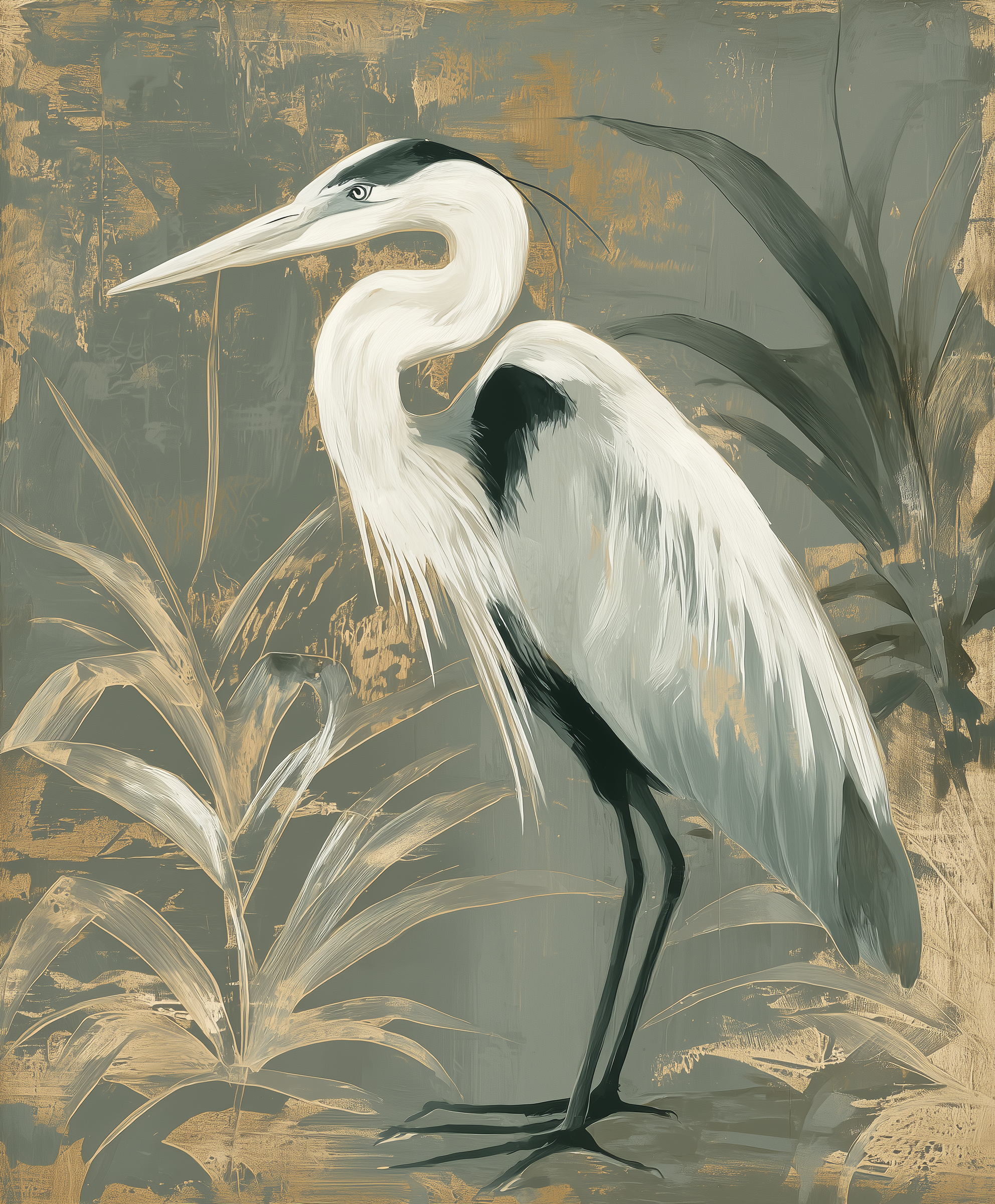 Grey Sky Heron II – painterly heron fine art print by Paula Freeman, bird in coastal grey tones