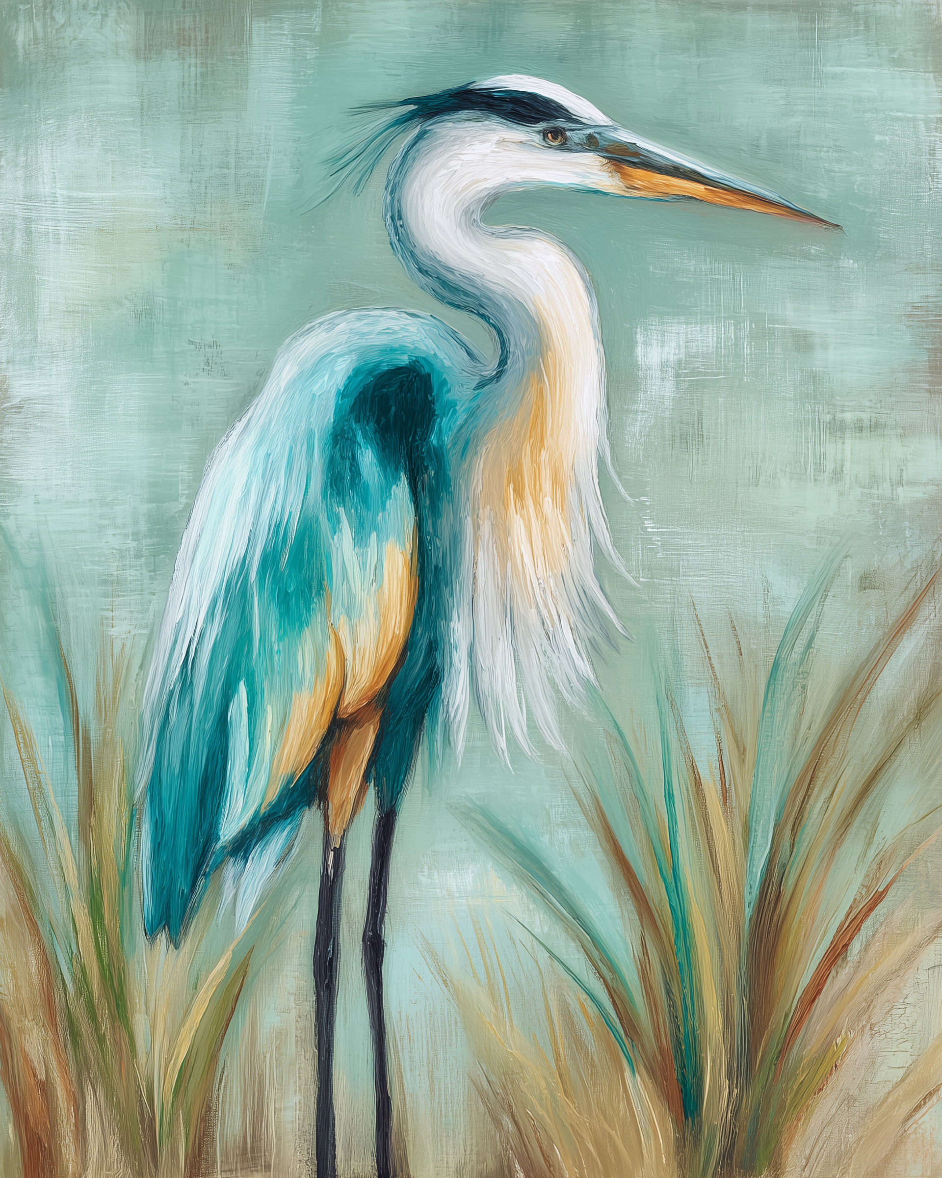 Painting of a heron standing in grass with a teal and brown background