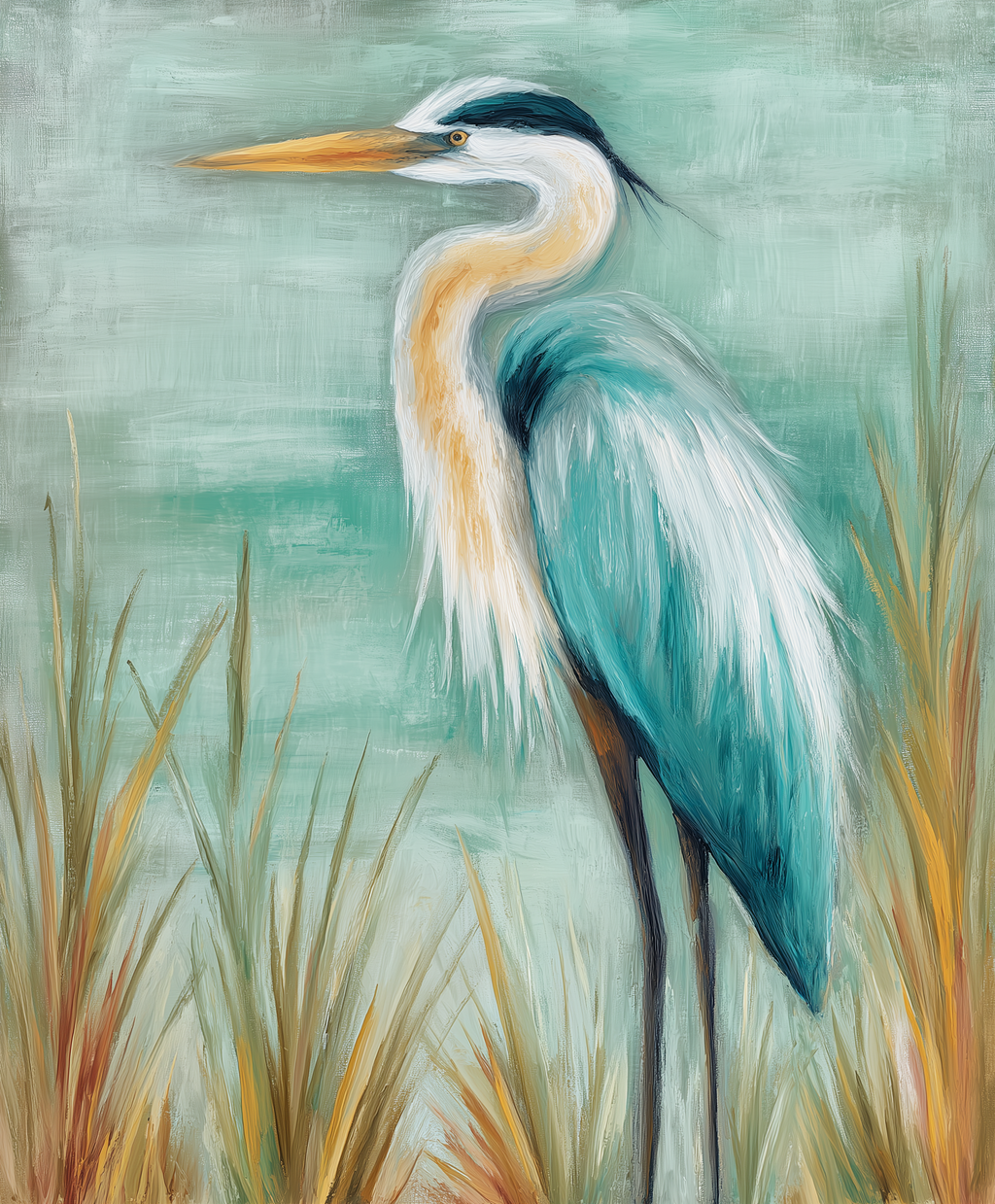 Painting of a heron standing in tall grass with a teal background