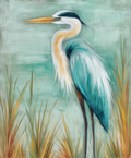 Painting of a heron standing in tall grass with a teal background