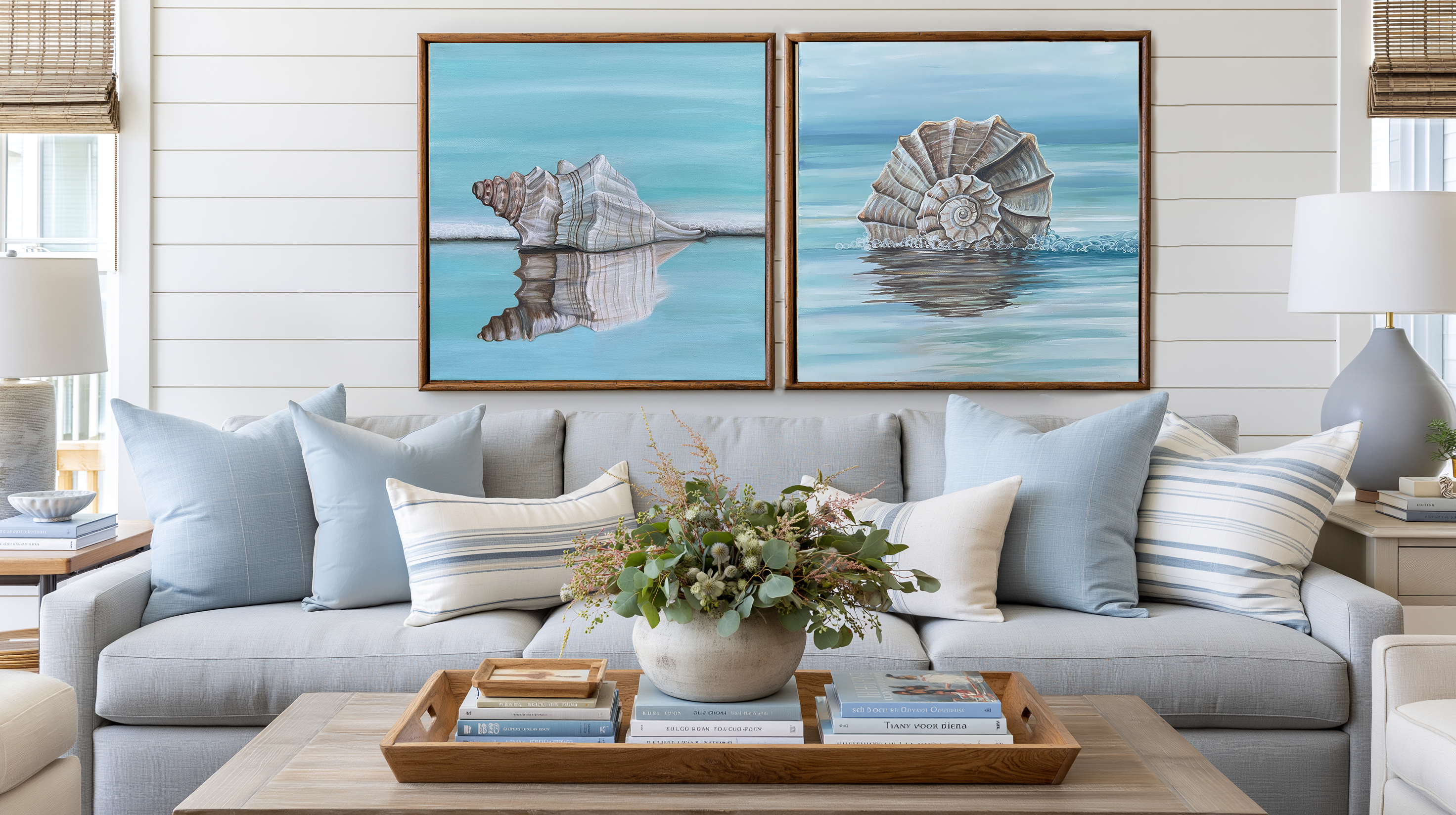 Ocean's Whisper abstract background – coastal fine art print in a styled interior