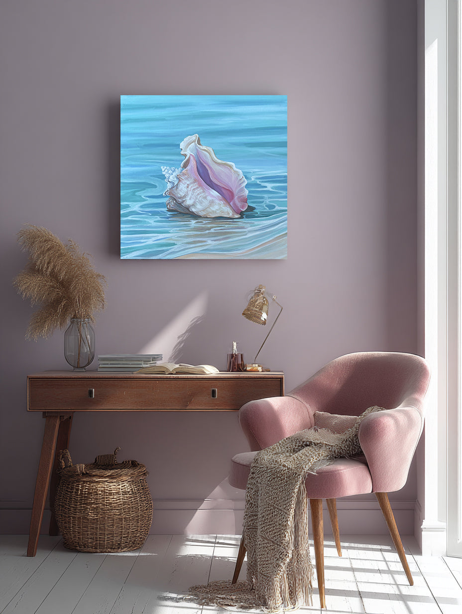 Conch in the Water purple room mockup – coastal shell print in a richly styled interior