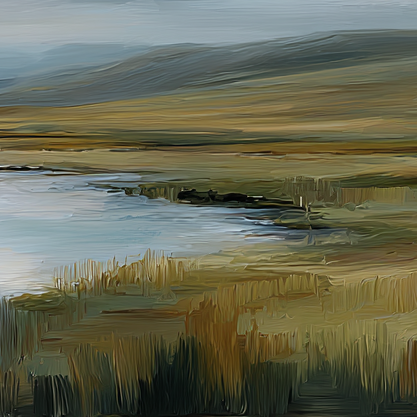 Abstract landscape painting with earthy tones and a reflective water surface.