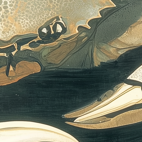 Close-up of a textured surface with abstract patterns in black, gold, and beige.