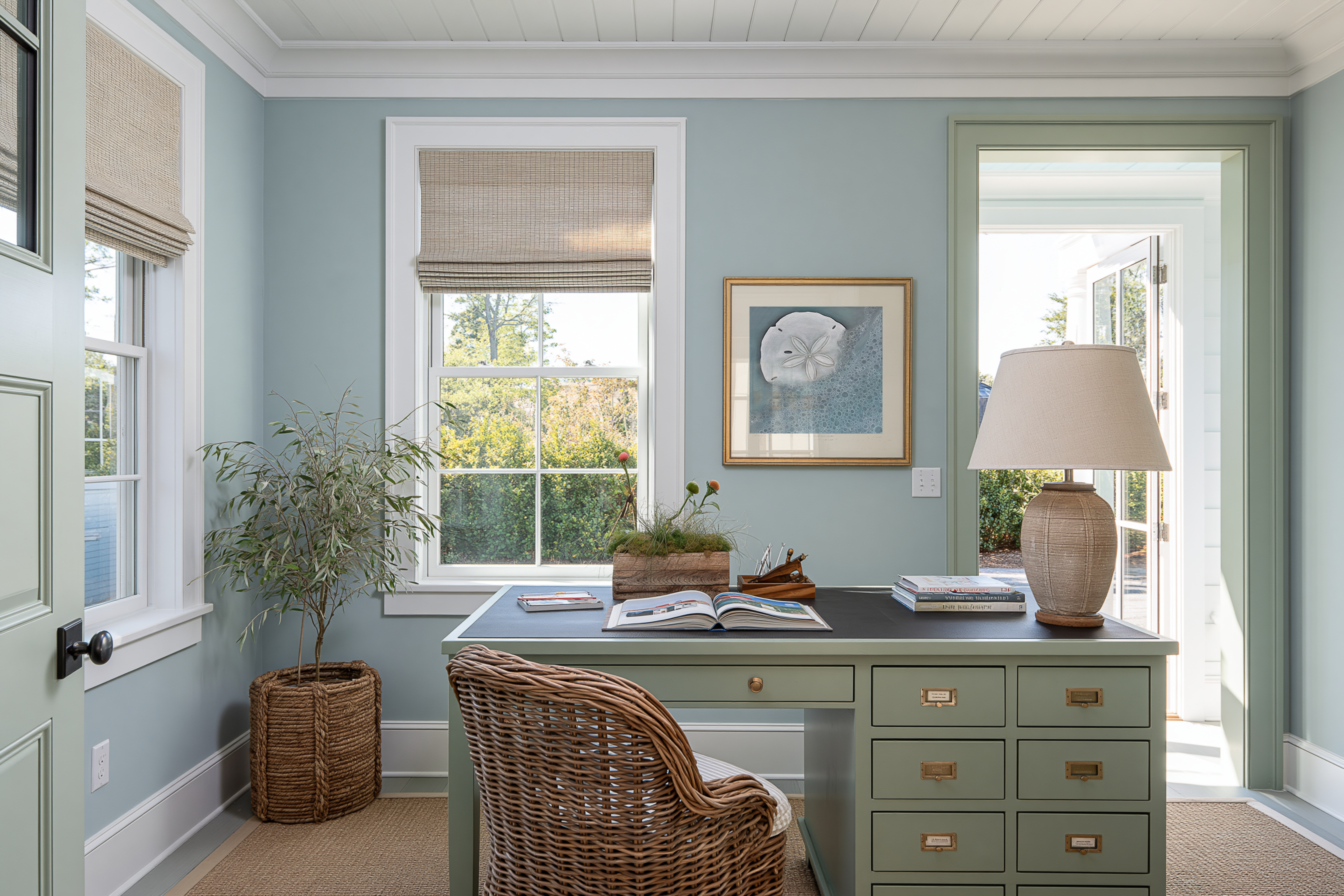 Home office with a desk, chair, and decor elements.