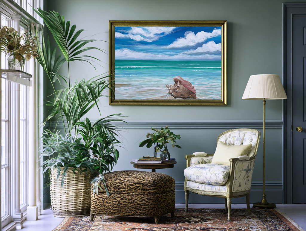 Shoreline Reverie lifestyle mockup – framed shell seascape print in a styled coastal interior