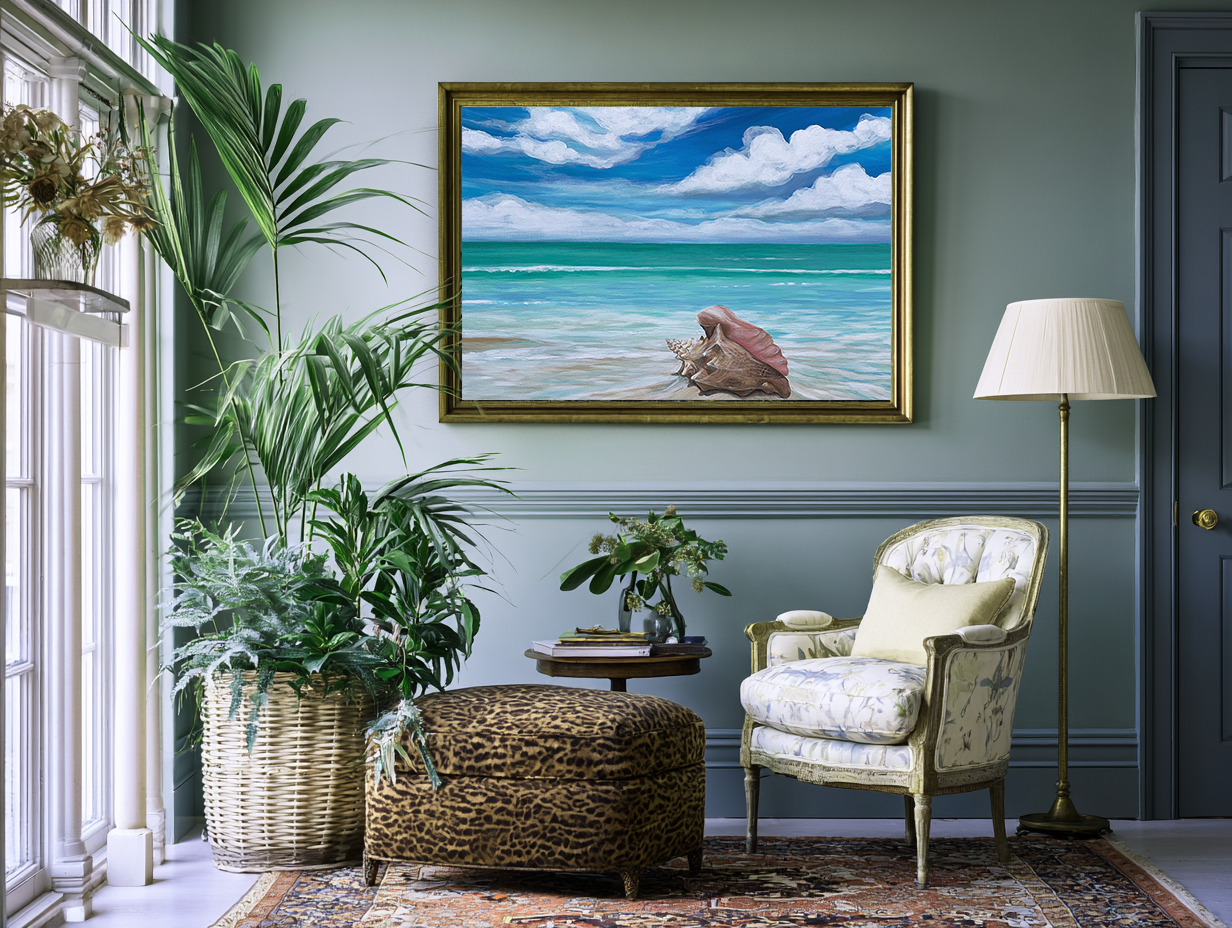 Shoreline Reverie lifestyle mockup – framed shell seascape print in a styled coastal interior