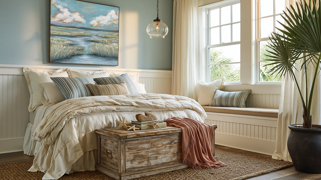 Serene Tides lifestyle mockup – framed marsh print in a styled interior
