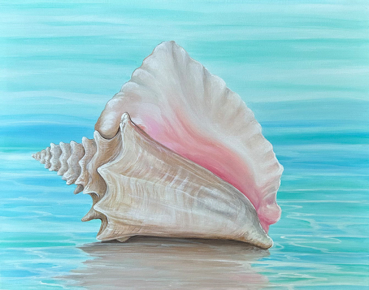 Washed Ashore – painterly conch shell fine art print by Paula Freeman, soft coastal tones