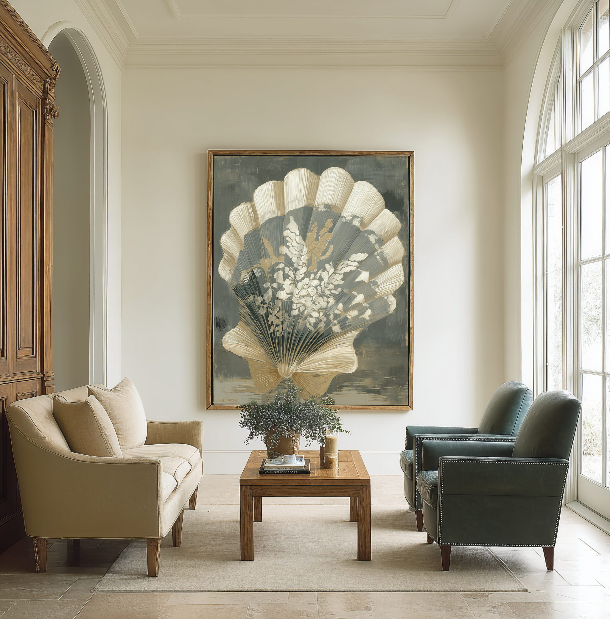 Living room with beige sofa, green armchairs, wooden coffee table, and large shell artwork on wall.