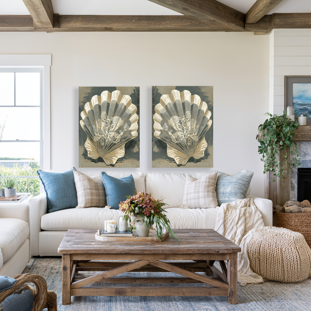 Living room with a white sofa, wooden coffee table, and shell-themed wall art.