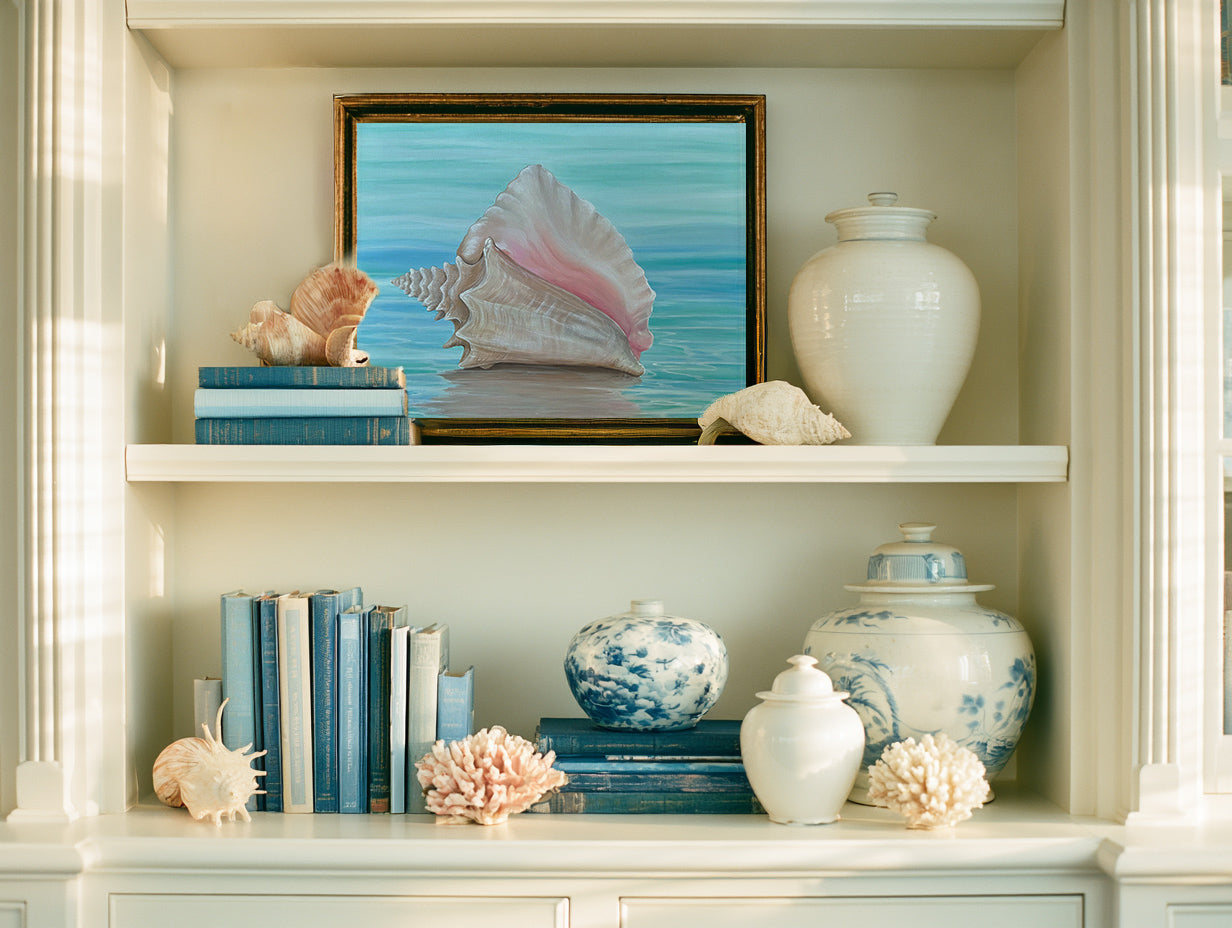 Washed Ashore shelf mockup – coastal fine art print displayed on a decorative shelf