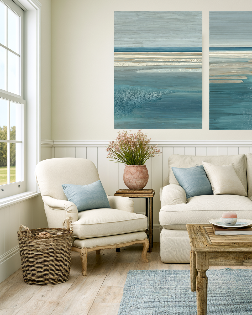 Coastal Drift IV room mockup – coastal fine art print in a styled living space