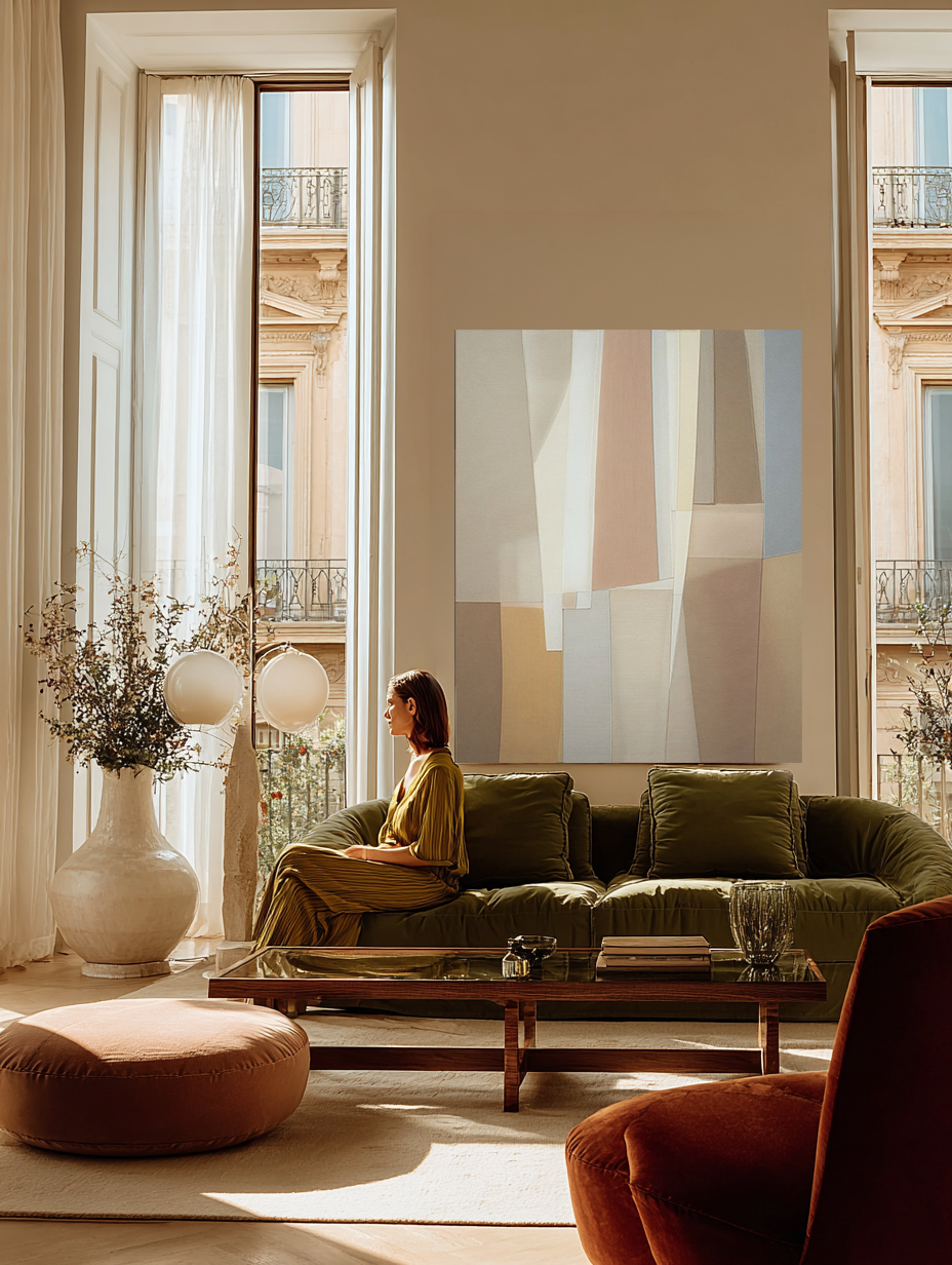 Structured Layers II couch mockup – framed abstract print in a styled modern living room