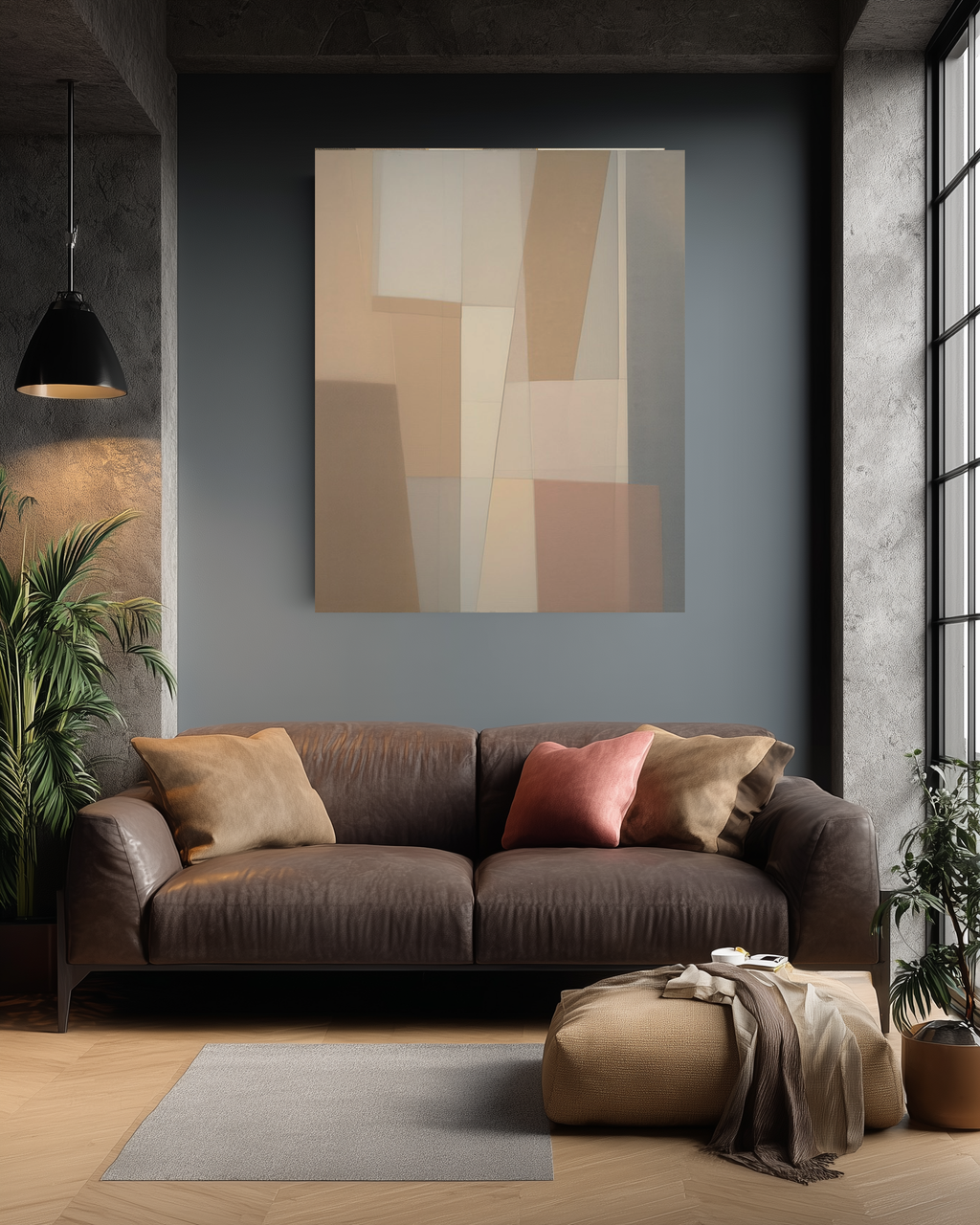 Modern living room with a brown sofa, abstract painting, and plants.