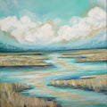 Painting of a landscape with water, grass, and clouds
