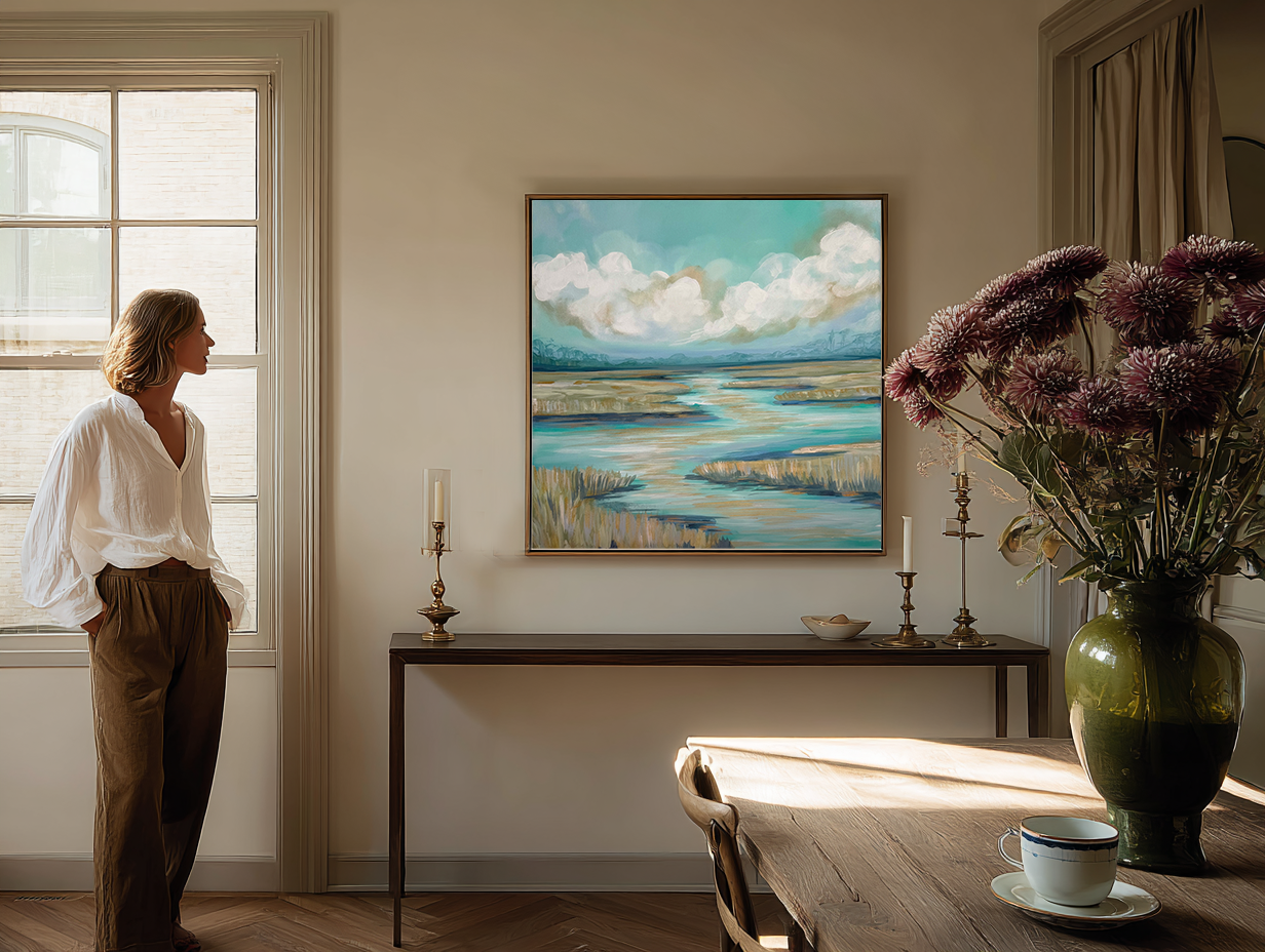 Woman standing in a room with a large painting of a landscape on the wall, a table with a vase of flowers, and a window.