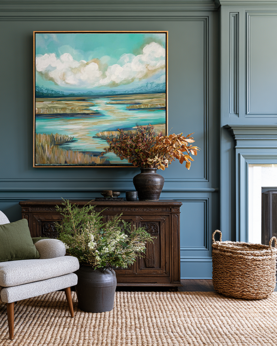 Living room with a large abstract painting, armchair, and decorative items.
