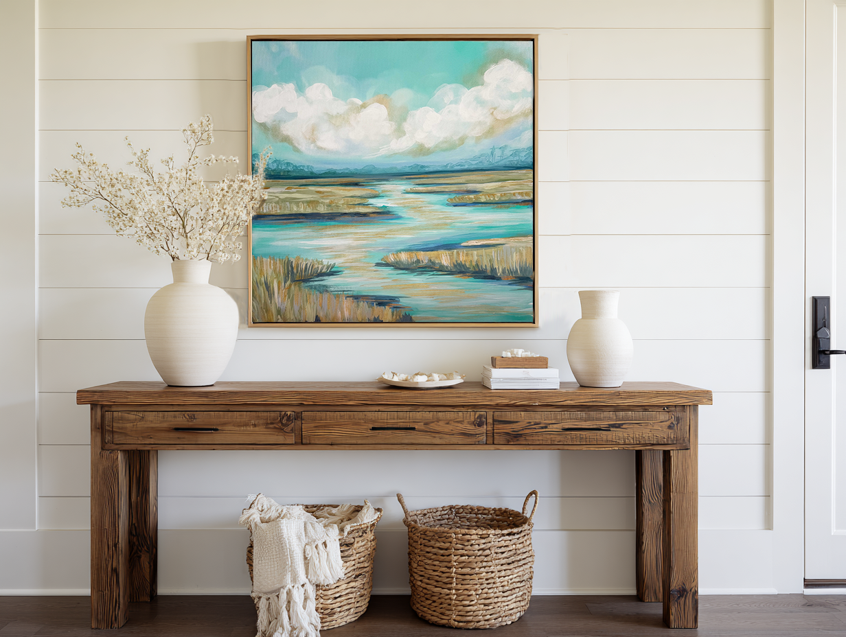 Wooden console table with decorative items against a white wall with a large abstract painting.