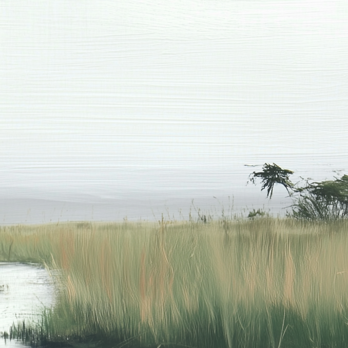 Misty landscape with tall grasses and trees on a foggy day