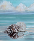 Seashell and sand dollar on a beach with ocean and sky in the background