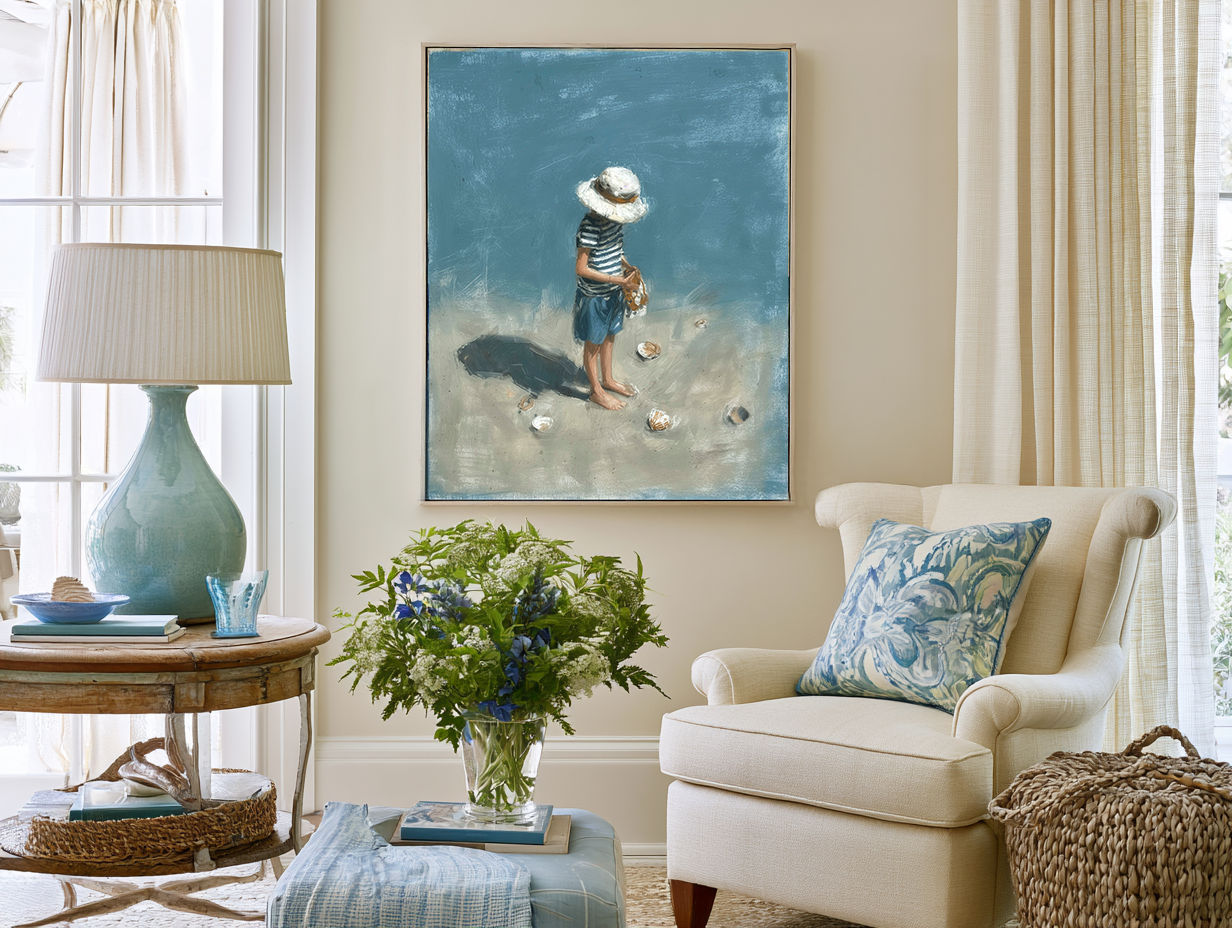 Living room with a painting of a child on a beach, a chair, and a lamp.